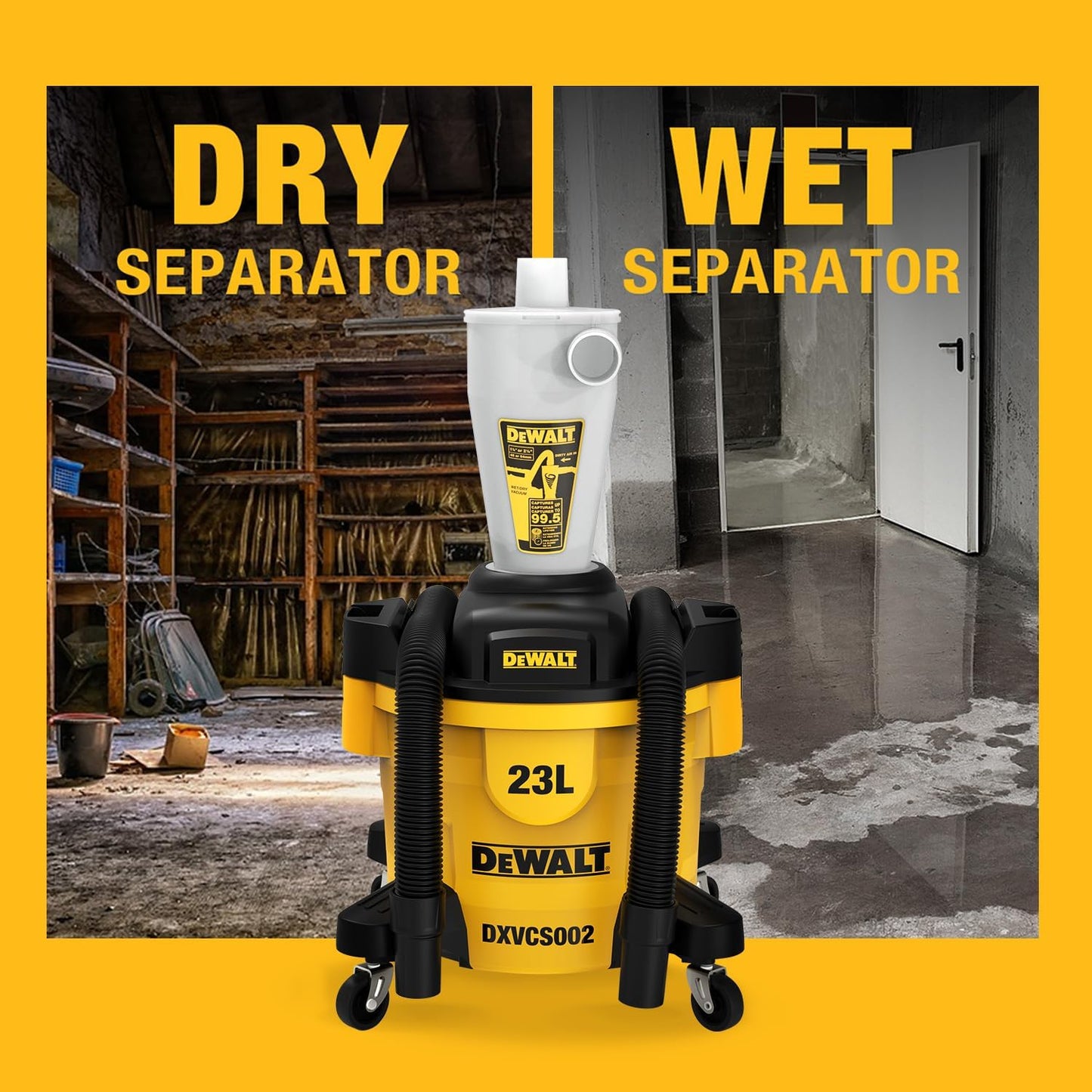 DeWALT DXVCS002 Pré-séparateur 23L - Polymère robuste, tuyau 48mm, longueur 2m, jaune