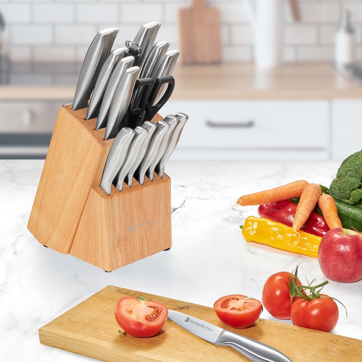 KitchenBrothers Set de couteaux - Bloc de couteaux - 16 pièces - avec ciseaux et acier d'affûtage - Bois de caoutchouc