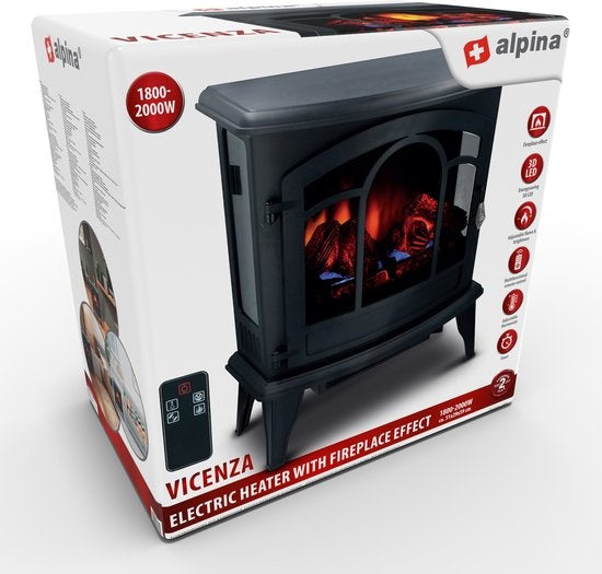 Alpina Electric Vicenza - Cheminée d'ambiance - Télécommande et minuterie - Flammes LED - 2000W - Noir - Avec chauffage