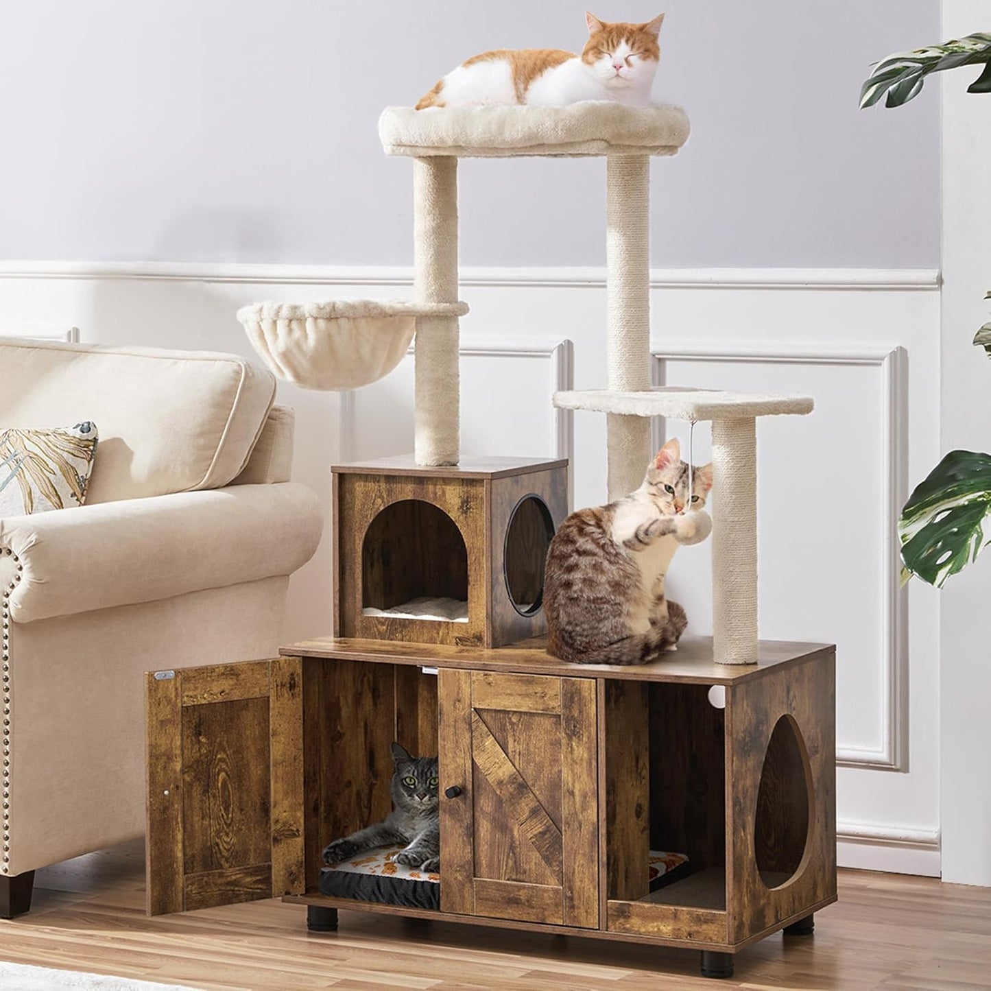 Arbre à chat Yaheetech - 134,5 cm avec bac à litière, cachette et couchette - Marron-beige vintage