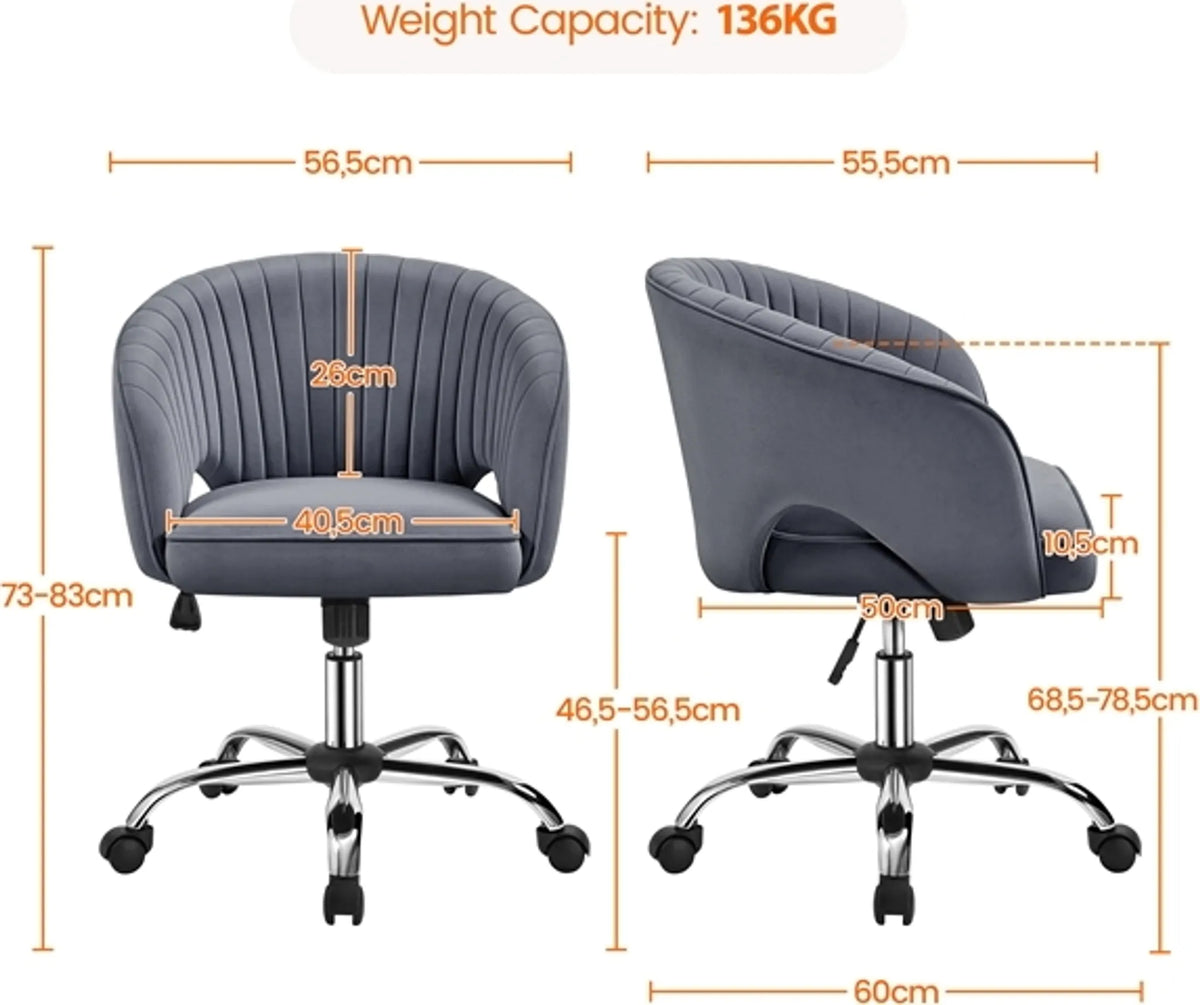 Yaheetech Fauteuil de bureau Fauteuil - 60 x 56,5 x 73-83 cm - rembourrage doux comme du velours, hauteur d'assise réglable et fonction relaxante - pour bureau et hall d'accueil - polyester gris foncé et métal