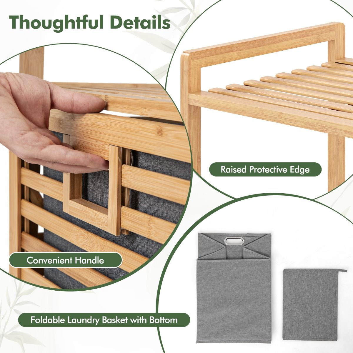 Coast Bathroom Rack with Laundry Basket 43.5x33x96 cm - Bamboo - Natural - With 2 Shelves and Removable Laundry Bag