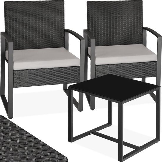 tectake® - ensemble de sièges en osier 2x fauteuils avec table, ensemble de meubles de balcon, meubles de jardin, meubles de balcon, petit salon, chaises rembourrées y compris table de jardin extérieure, résistant aux intempéries - noir - poly-rotin