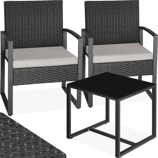 tectake® - ensemble de sièges en osier 2x fauteuils avec table, ensemble de meubles de balcon, meubles de jardin, meubles de balcon, petit salon, chaises rembourrées y compris table de jardin extérieure, résistant aux intempéries - noir - poly-rotin