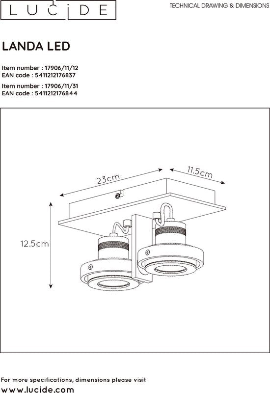 Spot de plafond Lucide LANDA - LED « Dim to warm » - GU10 - 2 x 5 W 3000 K/2200 K - Chrome mat