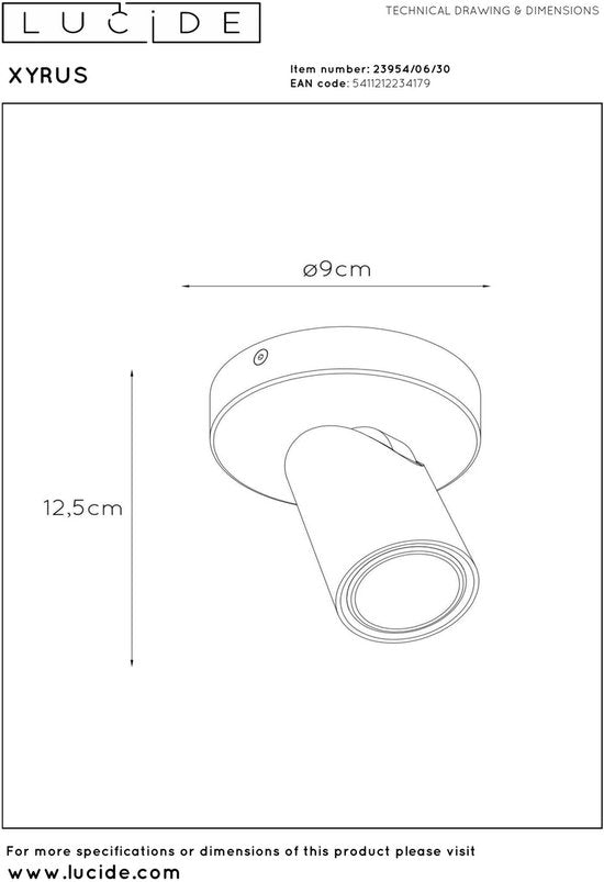 Lucide XYRUS - Spot de plafond (lampe de plafond) - Ø 9 cm - LED à intensité variable vers le chaud - GU10 - 1x5 W 2200 K/3000 K - Noir