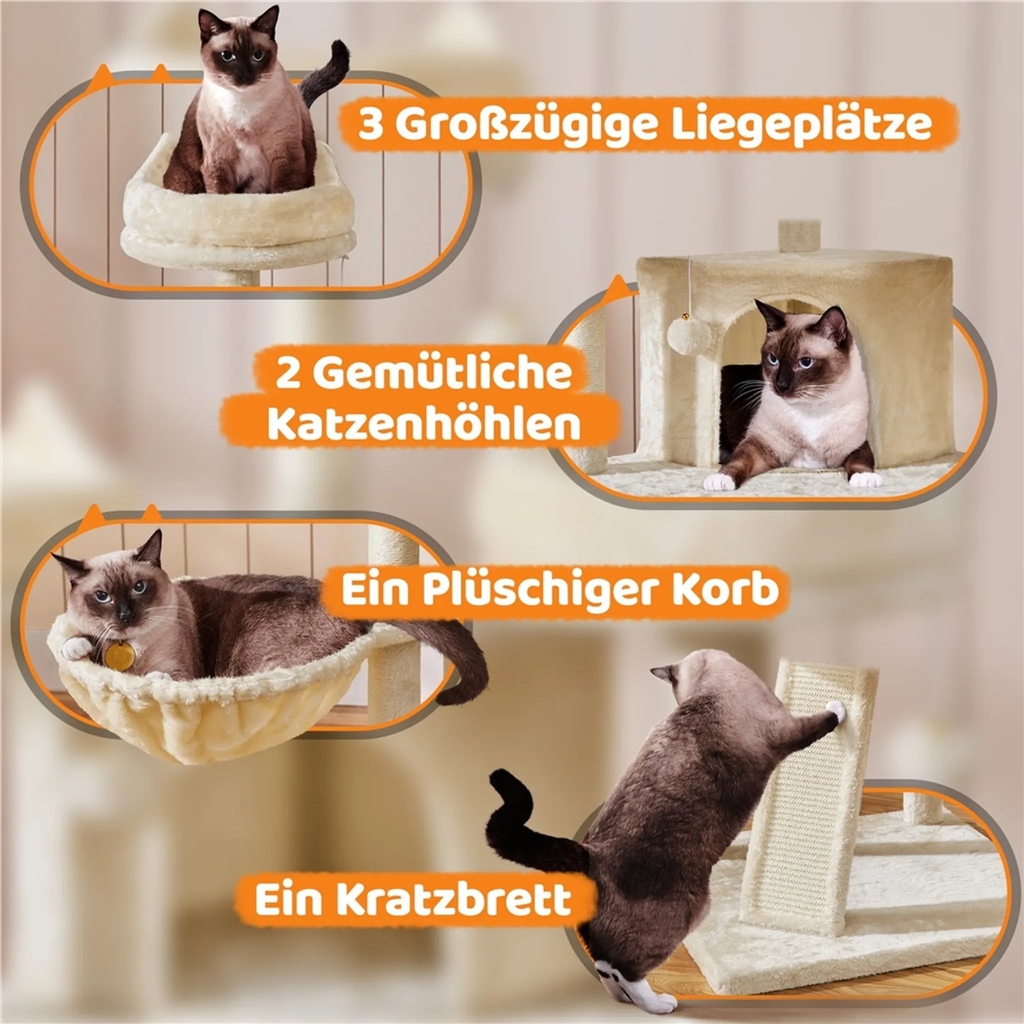 Yaheetech Cat Post XXL avec 3 plateformes d'observation - équipé de 2 terriers, d'une planche à gratter et d'un système anti-piqûres - pour les foyers avec plusieurs chats - beige peluche et sisal - 55,5 x 55,5 x 175 cm