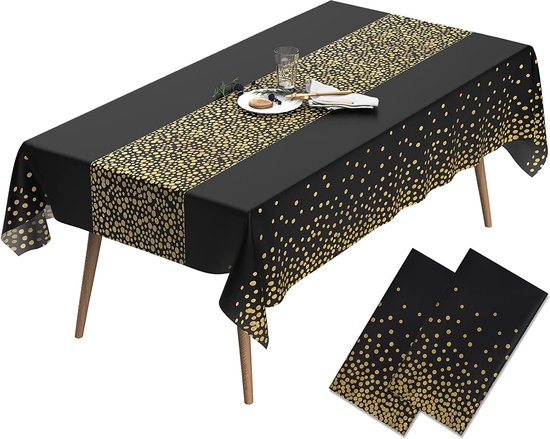 Partizzle 2x nappe plastique jetable - Décorations d'anniversaire - Décoration 50 ans Abraham Sarah - Articles de Noël anciens et nouveaux 2025 / Nouvel An - Noir et or - 274 x 137 cm