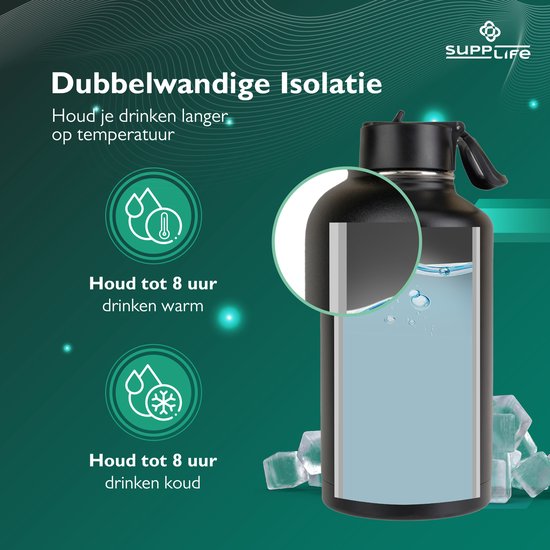 Bouteille isotherme Supplife Luxe en acier inoxydable, 2 litres - double paroi isolante - sans BPA et étanche