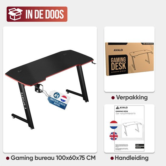 Avalo Gaming Desk - 100x60x75 CM - Pupitre de jeu - Table - Noir