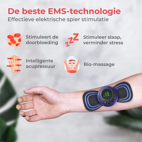 Nuvance - Appareil de massage EMS avec commande - Livret et 6 tapis de massage réutilisables inclus - Stimule la circulation - Convient pour le dos, les bras et les jambes - Sans fil - 8 niveaux et 19 intensités - Noir/Bleu