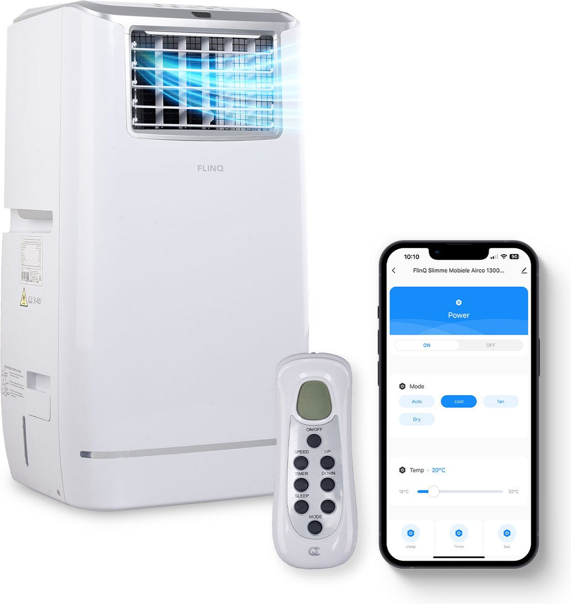 Climatiseur Mobile Intelligent FlinQ avec Tuyau de Drainage – 13 000 BTU – Fonction Sommeil Silencieux – Rafraîchit jusqu’à 50 m² – Avec Application et Télécommande – 41,5 x 41,8 x 79 cm – Blanc