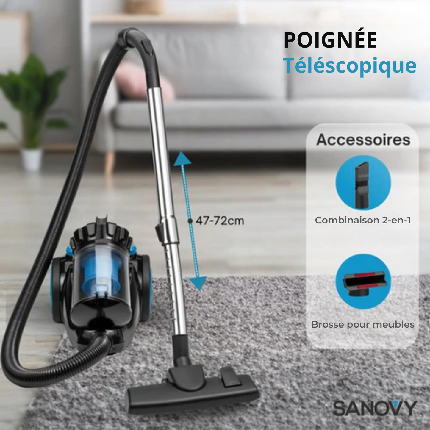 Aspirateur puissant sans sac - Sanovy ProPower - 3L - Compact - Bleu