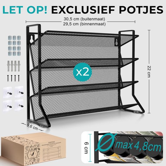 Soothe Spice Rack Standing and Hanging for 48 Spice Jars - 2 Pack - 4 Layers - Spice Organiser - Spice Rack - Noir