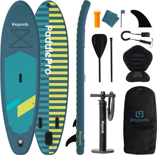 LifeGoods SUP Board All-round Compact - avec siège - capacité de charge de 100 KG - 300 x 76 cm - gonflable - ensemble complet de SUP - Cyan/Vert foncé