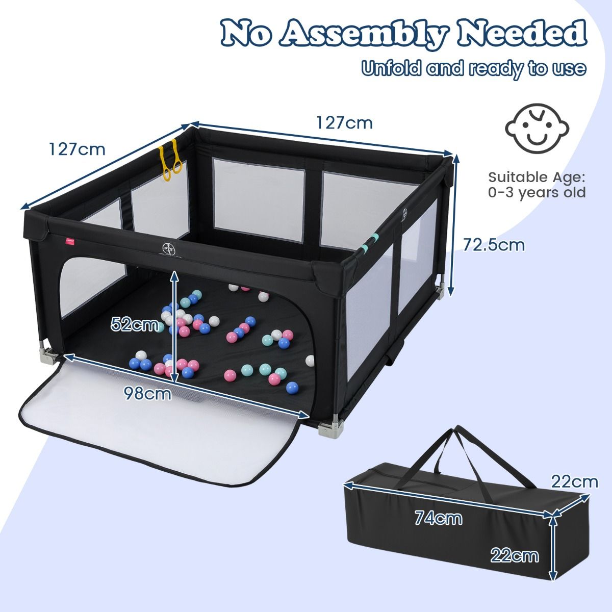 marcheur bébé côte 150 x 150 cm - Jouet pliable avec 50 balles, 4 poignées et une porte à fermeture éclair - Noir