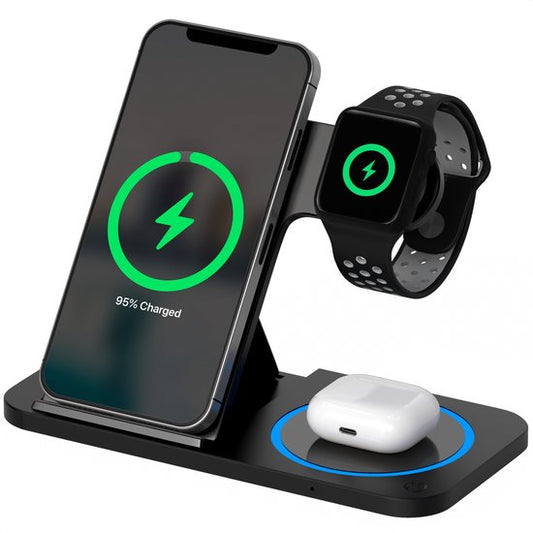 Strex 3-in-1 Wireless Charger - Station de charge - Chargement rapide 15W - Pliable - Convient pour iOS & Android, Apple Watch, AirPods et écouteurs sans fil - Noir