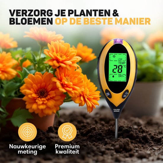 Vulpes Goods® Humidimètre pour plantes - 4 en 1 - hygromètre - intérieur et extérieur - hygromètre pour plantes d'intérieur - - pH, photomètre, thermomètre et humidimètre - Humidimètre pour sol - Version PRO - Batterie incluse