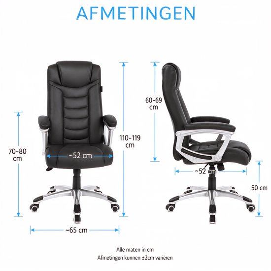 Fauteuil de bureau Monza Home® noir – Fauteuil de bureau ergonomique – Cuir PU – Réglable – Capacité de charge de 150 kg – Fauteuil de direction haut de gamme