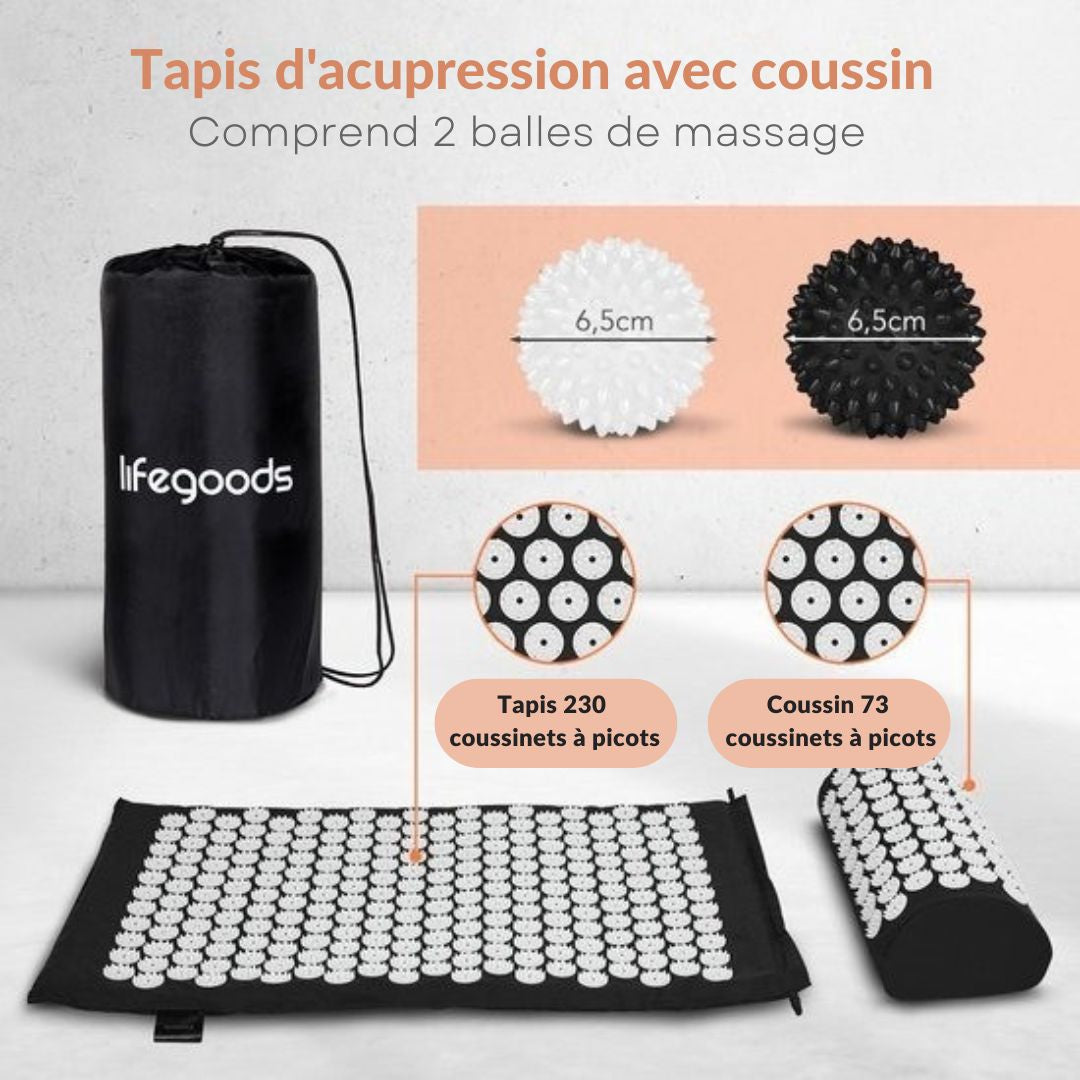 Tapis d'acupression avec coussin LifeGoods - Tapis Shakti - Tapis pour relaxation avec 2 balles - 66x40x2cm - Noir/Blanc
