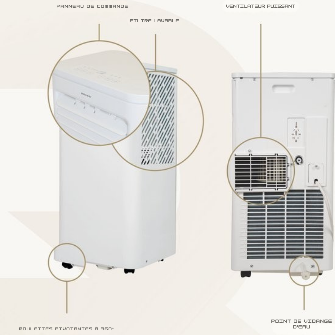 BRASQ 3-in-1 Climatiseur mobile avec kit d'étanchéité de fenêtre - Avec télécommande - Convient pour Chambre à coucher - Salon - Bureau - Climatiseur jusqu'à 16m2 - 9000 BTU - Blanc