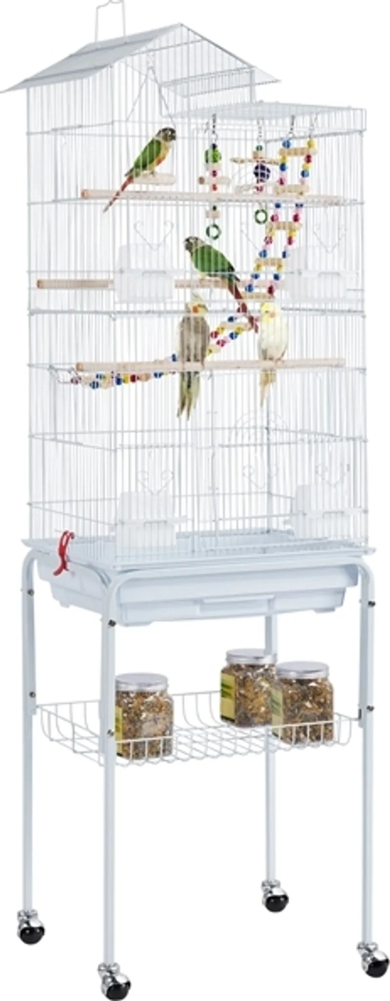 Yaheetech Cage à oiseaux avec base mobile - équipée de barreaux de 10 mm, d'un tiroir inférieur amovible et d'un ensemble de jouets - pour perruches et canaris - métal peint en blanc - 46 x 35,5 x 158,5 cm