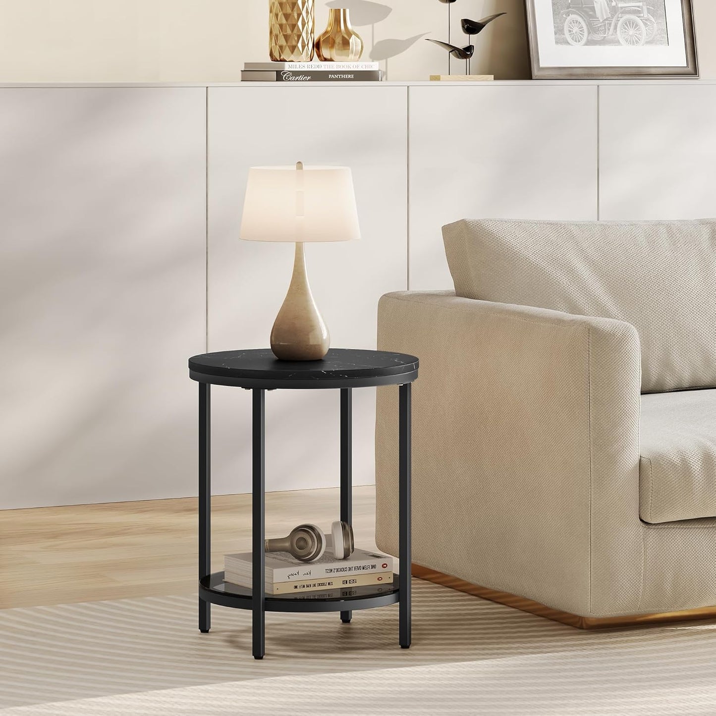 Table d'appoint ronde Vasagle à 2 niveaux - Plateau en marbre noir - Piètement en acier noir d'encre - Verre trempé - Ø 45 x 55 cm