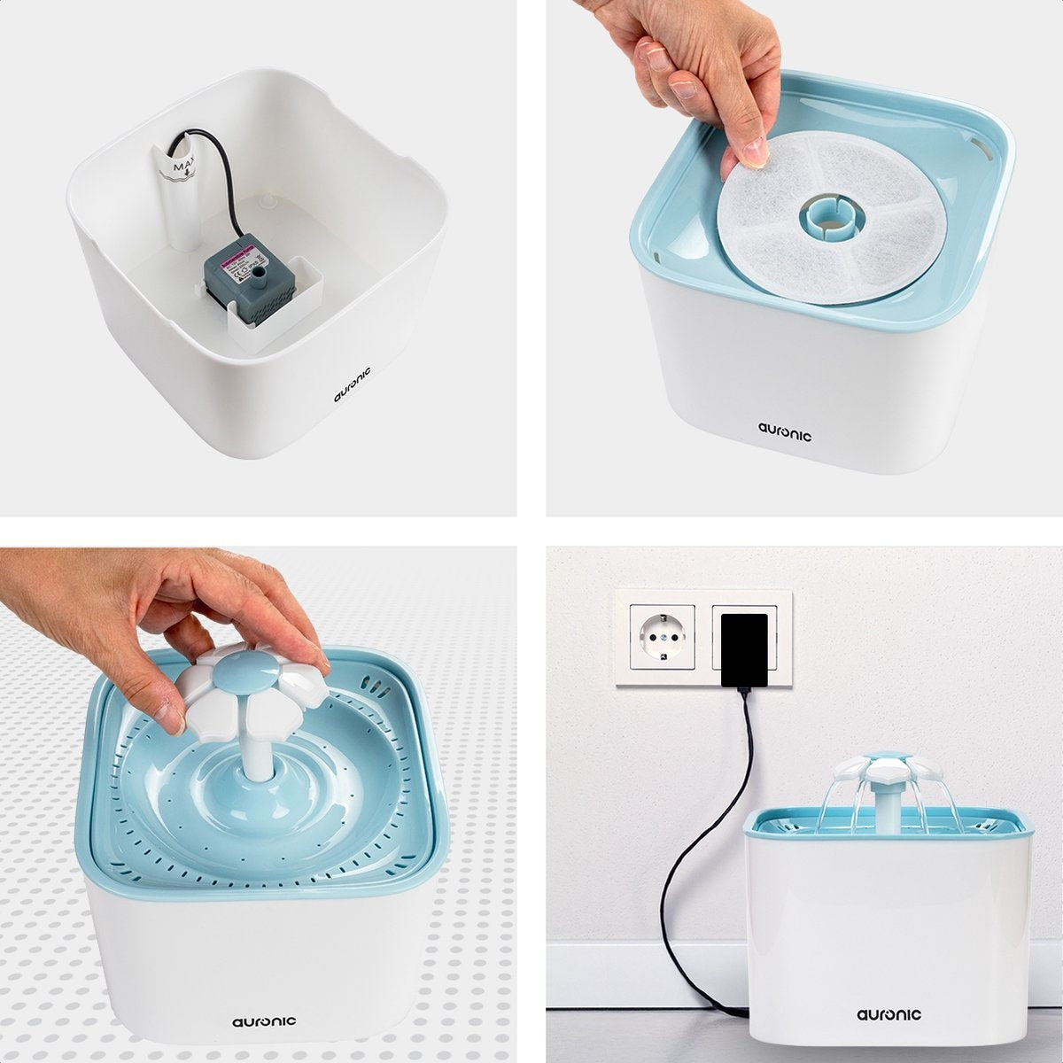 Auronic Drinking Fountain - Fontaine à eau pour chats et chiens - 2L - Abreuvoir pour animaux - 4 filtres inclus - Noir