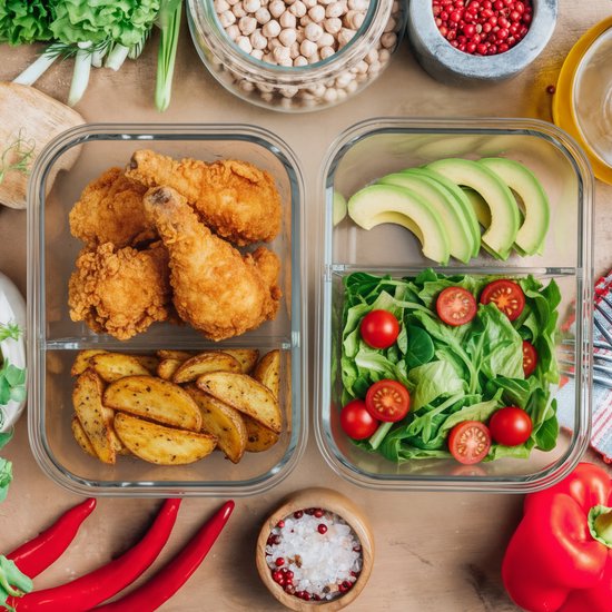 KitchenBrothers Meal Prep Trays Set - With Separation - Glass Food Storage Trays - Two Compartments - Airtight - BPA Free - Freezer Trays - Storage Trays - 5L - Glass - 5 Pieces