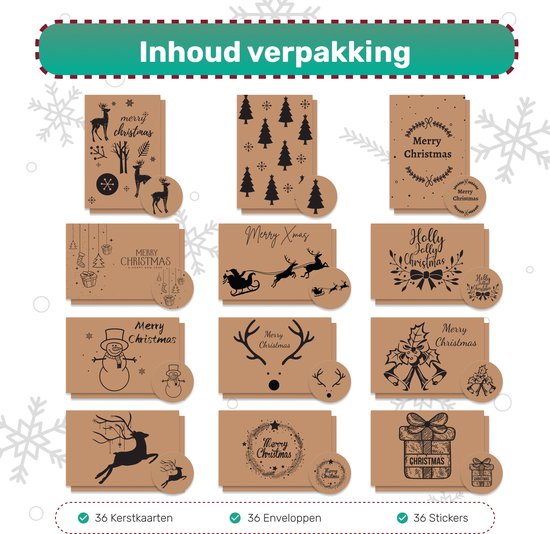Giftmas - Cartes de Noël - Cartes de voeux - 36 pièces - Avec enveloppes et autocollants - 10x15cm - Marron