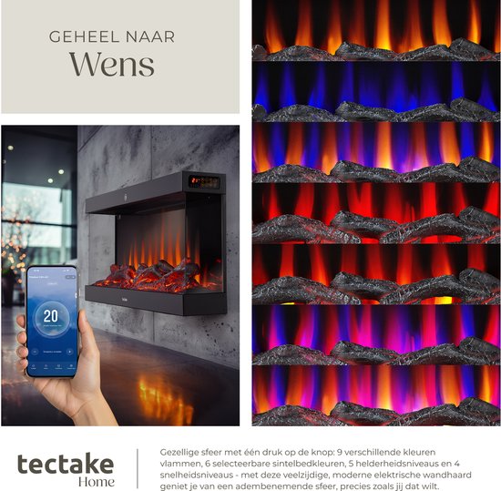 tectake® Wall Fireplace - Cheminée électrique - Atmosphere Fireplace - 900W & 1800W - contrôlé par télécommande ou application - avec thermostat - Poêle - avec chauffage - cheminées - avec effets de bois et de lueur - flammes 3D - minuterie - 9 options de