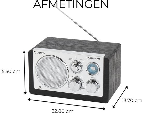 Denver Radio FM portable - Rétro - Alimentation par piles ou secteur - Radio de cuisine - AM - FM - TR63 - Noir