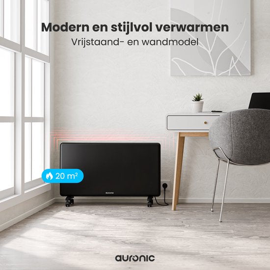 Auronic Convector Heater - 2000W - Chauffage électrique - 3 niveaux - Panneau métallique - Freestanding - Roues - Noir