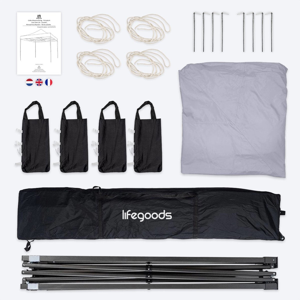 Tente de réception LifeGoods - Barnum- 3x3 m - Facile à monter - Pliable - Imperméable - Sac de transport à roulettes - Gris foncé