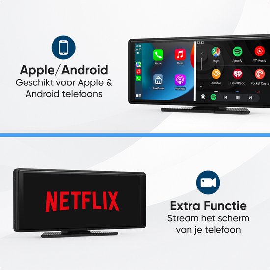 CarMe Écran CarPlay 10 pouces - Apple CarPlay et Android Auto (sans fil) - Écran tactile - Système de navigation automobile - Convient à Apple CarPlay et Android Auto - Écran Android Auto