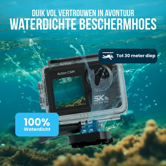 Camera 5K - Strex Action - 50MP, 60FPS - 30M - Waterproof - Écran tactile - Microphone externe - Accessoires inclus - Noir