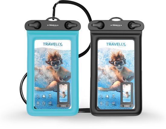 Travelly® Waterproof Phone Case Set of 2 - Universal Underwater Case for Smartphone - Convient à tous les téléphones - Drybag - Pour les vacances, la natation et les sports nautiques - Noir/Bleu