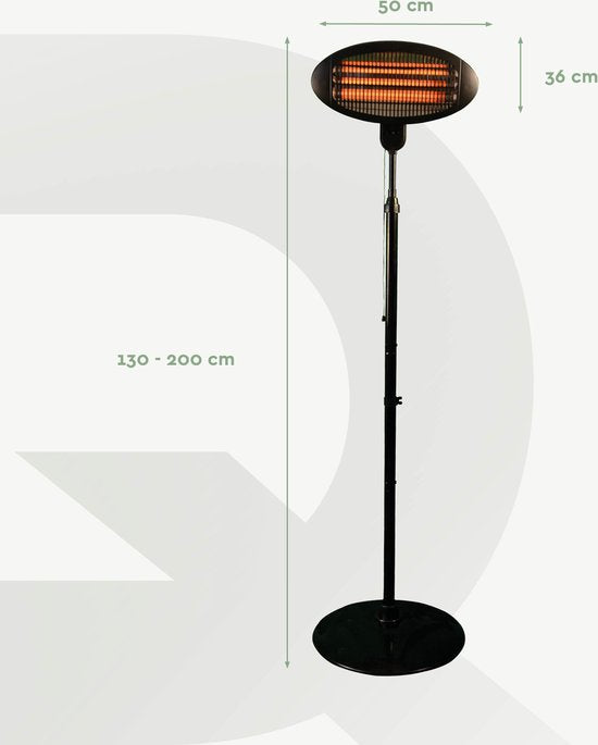 BRASQ Chauffe-terrasse électrique sur pied PHS100 - Chauffe 2000W - 3 niveaux de chaleur - Réglable - Résistant aux éclaboussures - Pour l'intérieur et l'extérieur - Noir