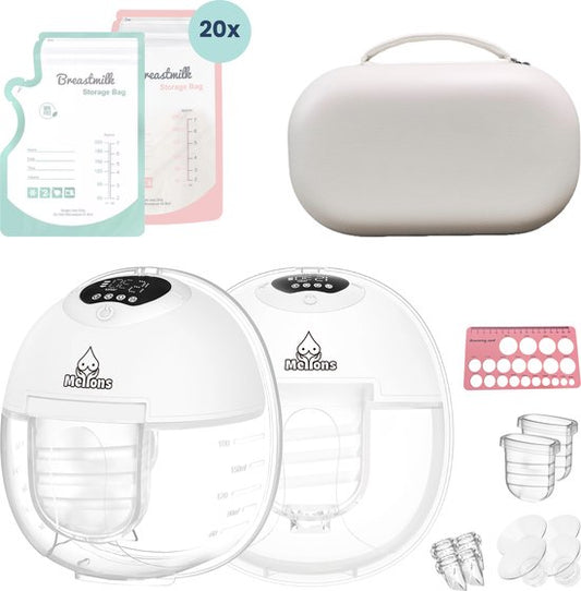 Tire-lait mains libres Mellons - Sans BPA - Double tire-lait électrique avec pochette de voyage - Comprend 20 poches de stockage de lait maternel, une jauge de mamelon en silicone et des réducteurs de bouclier mammaire - Lunea