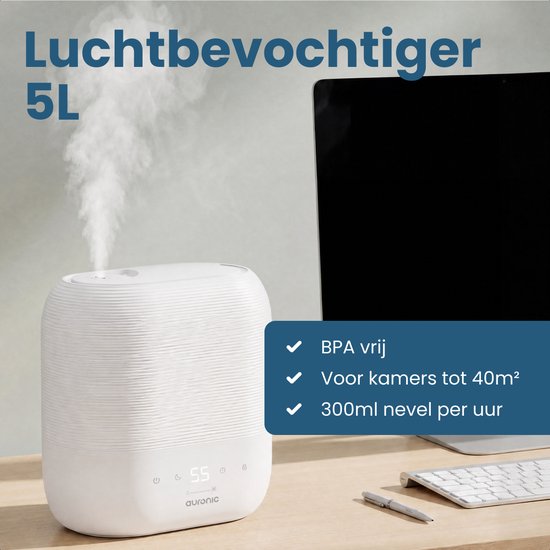 Humidificateur Auronic - 5 L - Convient pour la chambre à coucher, la chambre de bébé, le bureau, le salon et bien plus encore - Humidificateur - Sans BPA - Blanc