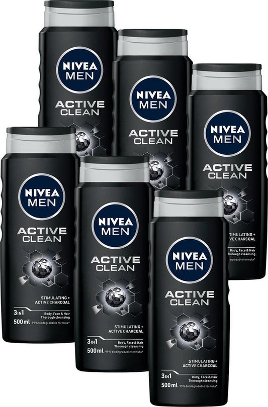 NIVEA MEN Active Clean Shower Gel - Gel douche 3-en-1 avec charbon naturellement actif - Shampooing - Prepack - 6 x 500 ml