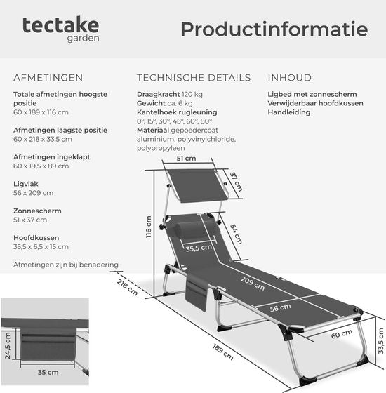 tectake® Lounger Aurelie avec toit solaire et coussin - Lounger - Bain de soleil - Bain de soleil de balcon pliable en aluminium - Bain de jardin résistant aux intempéries pour le jardin, le balcon, le camping et la plage - Dossier réglable avec coussin -
