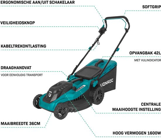 Tondeuse à gazon VONROC - 1600W - Largeur de coupe 38 cm - Cinq hauteurs de coupe réglables : 25/40/50/60/70 mm - Bac de ramassage 42L inclus