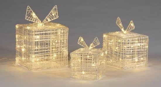 Lot de 3 boîtes cadeaux lumineuses de Noël, 90 LED, Décoration De Noël, Blanc Chaud