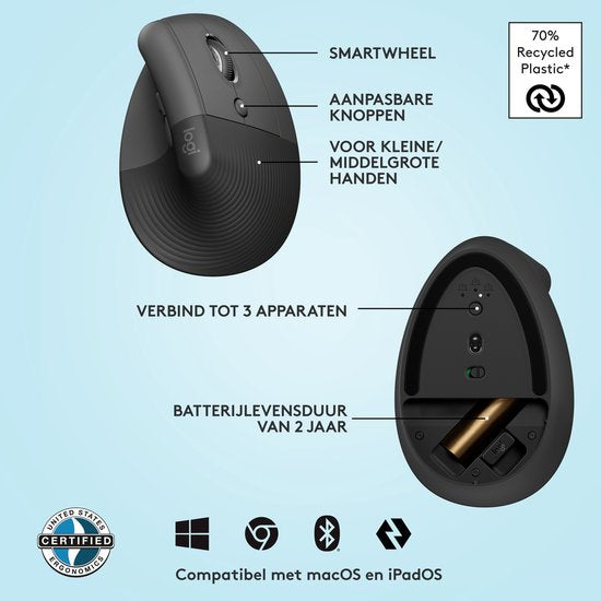 Logitech Lift - Souris ergonomique verticale - Pour droitiers - Gris foncé