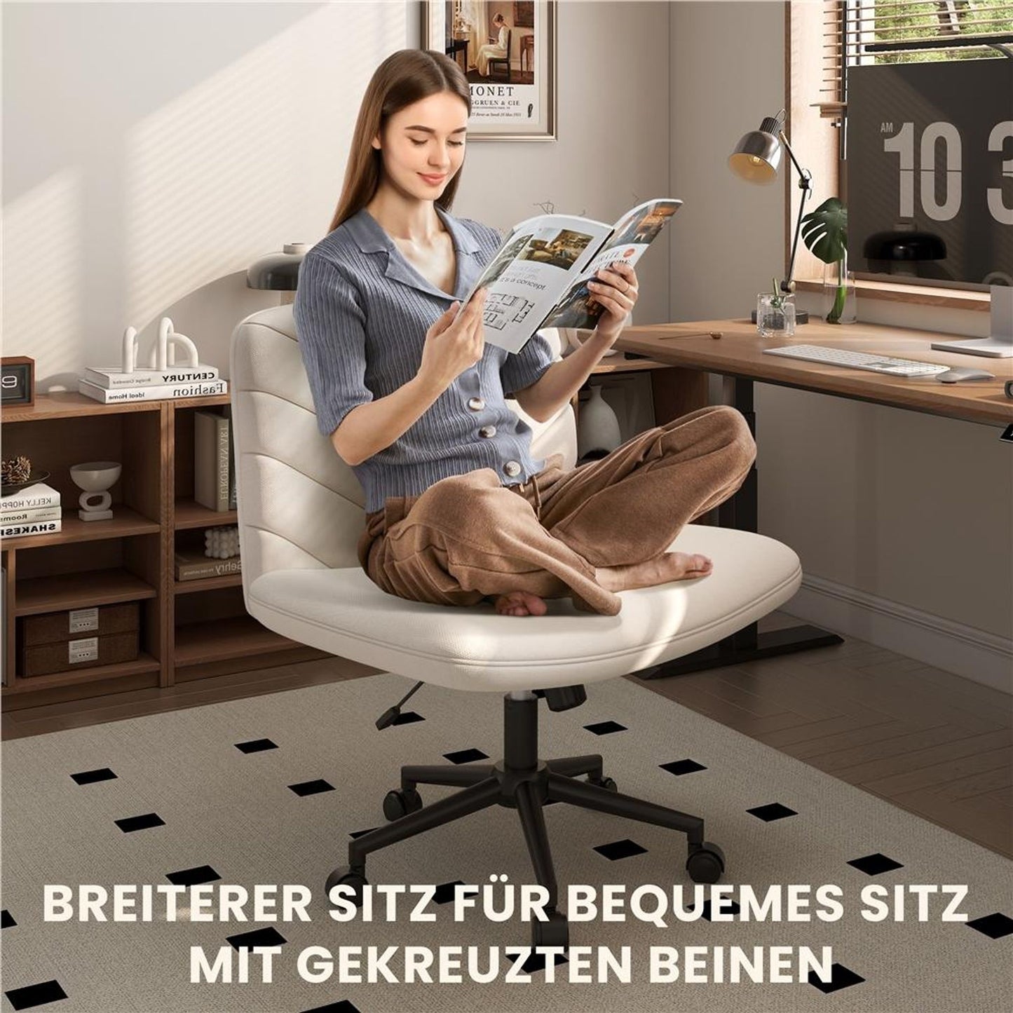 Chaise de bureau Yaheetech à large assise - Chaise pivotante ergonomique avec dossier - Réglable en hauteur - 66 x 64,5 x 82-91,5 cm - Beige
