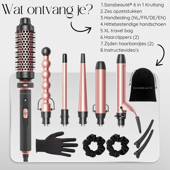 Sansbeauté® 6 en 1 Fer à boucler avec pince - Fer à boucler en céramique - 13mm à 38mm - Brosse pour sèche-cheveux cheveux courts - Brosse chauffante - Boucleurs - Brosse thermique - Styler les cheveux - Brosse à boucler 5 en 1