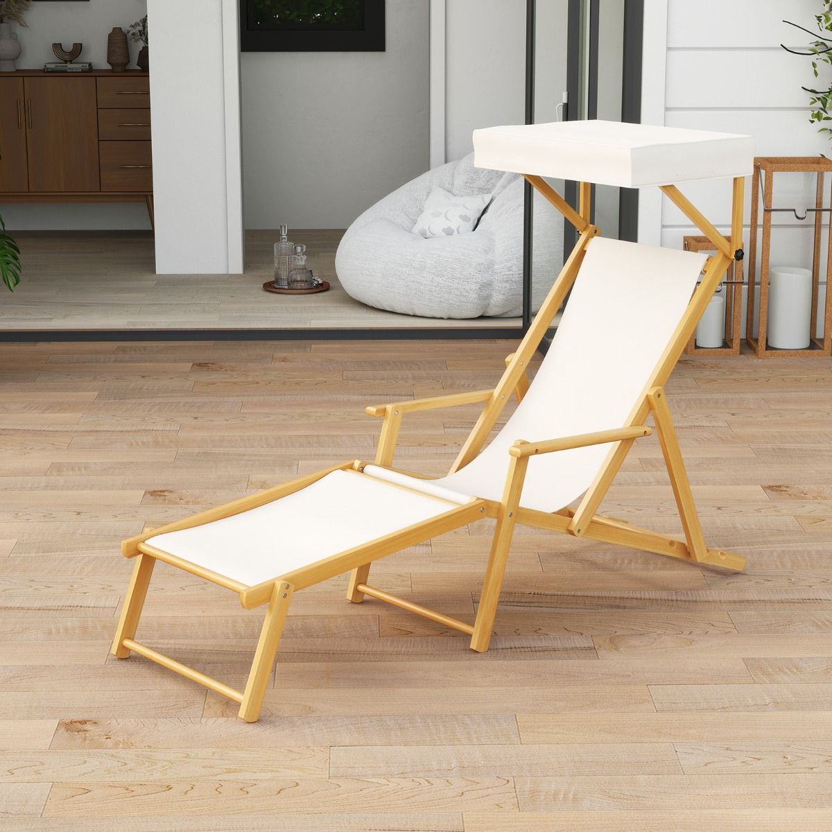 Chaise longue de plage pliable Coast Birchwood avec baldaquin, dossier et repose-pieds réglables - Beige/Naturel - 170x62x140 cm