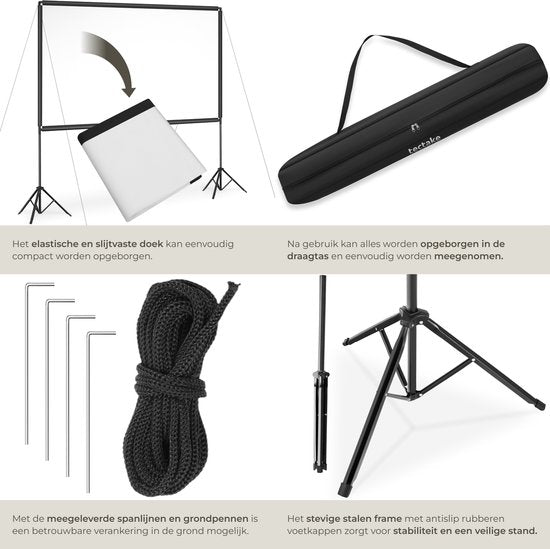 tectake® Beamer Screen - 120 pouces (305 cm) - Écran de projection 16:9 avec double trépied - 4K HD - enroulable - extensible - toile de projection - écran de présentation - Home Cinema - sac de transport inclus