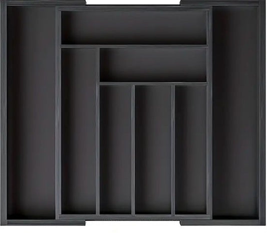 Budu Plateau à couverts extensible en bambou #45 (45 cm de profondeur) - Noir - Cassette à couverts en bois - Tiroir à couverts - 45 x 30.6 - 50 cm - 6/8 compartiments